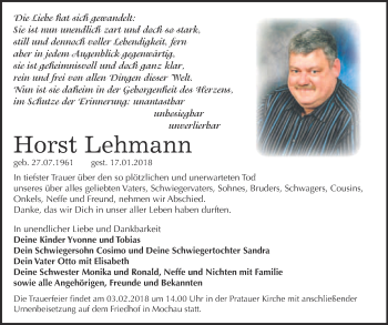 Traueranzeige von Horst Lehmann von Super Sonntag Wittenberg