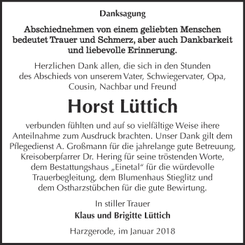 Traueranzeige von Horst Lüttich von Super Sonntag Quedlinburg