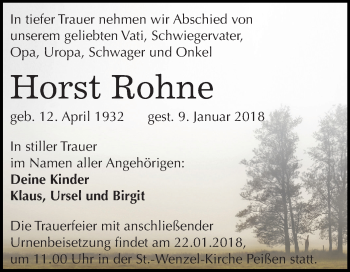 Traueranzeige von Horst Rohne von Mitteldeutsche Zeitung Halle/Saalkreis
