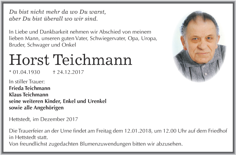  Traueranzeige für Horst Teichmann vom 03.01.2018 aus Wochenspiegel Mansfelder Land