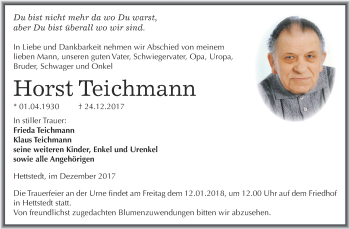 Traueranzeige von Horst Teichmann von Wochenspiegel Mansfelder Land