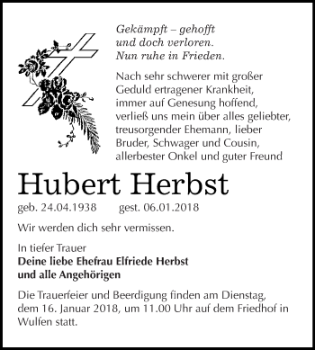 Traueranzeige von Hubert Herbst von WVG - Wochenspiegel Dessau / Köthen