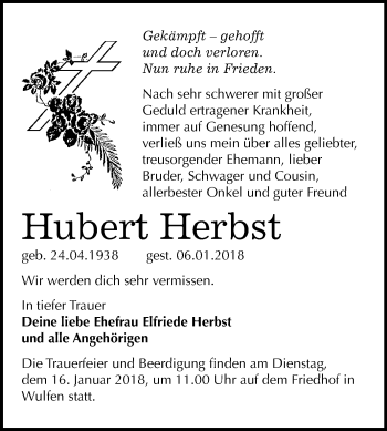 Traueranzeige von Hubert Herbst von Mitteldeutsche Zeitung Köthen