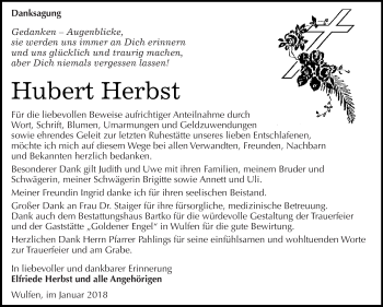 Traueranzeige von Hubert Herbst von WVG - Wochenspiegel Dessau / Köthen