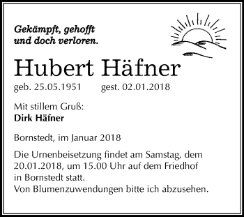 Traueranzeige von Hubert Häfner von Mitteldeutsche Zeitung