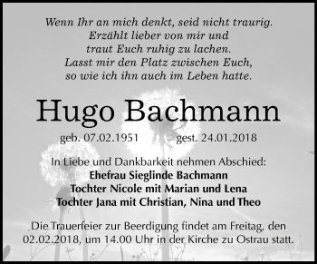 Traueranzeige von Hugo Bachmann von Mitteldeutsche Zeitung Halle/Saalkreis
