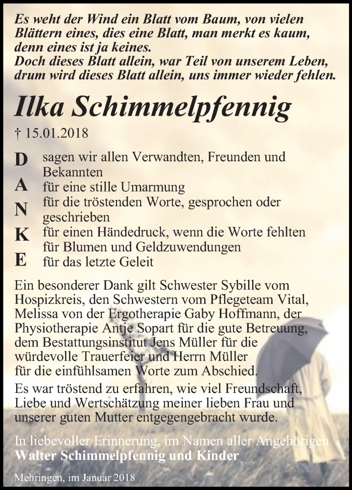  Traueranzeige für Ilka Schimmelpfennig vom 27.01.2018 aus Mitteldeutsche Zeitung Aschersleben