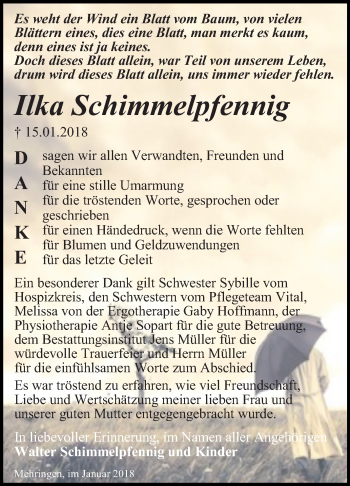 Traueranzeige von Ilka Schimmelpfennig von Mitteldeutsche Zeitung Aschersleben