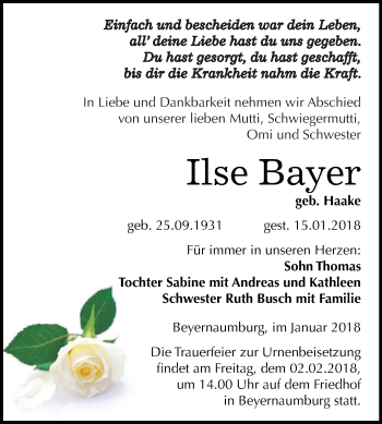 Traueranzeige von Ilse Bayer von Super Sonntag SGH Mansf. Land