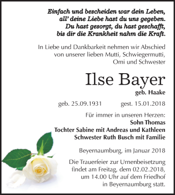Traueranzeige von Ilse Bayer von Mitteldeutsche Zeitung Sangerhausen