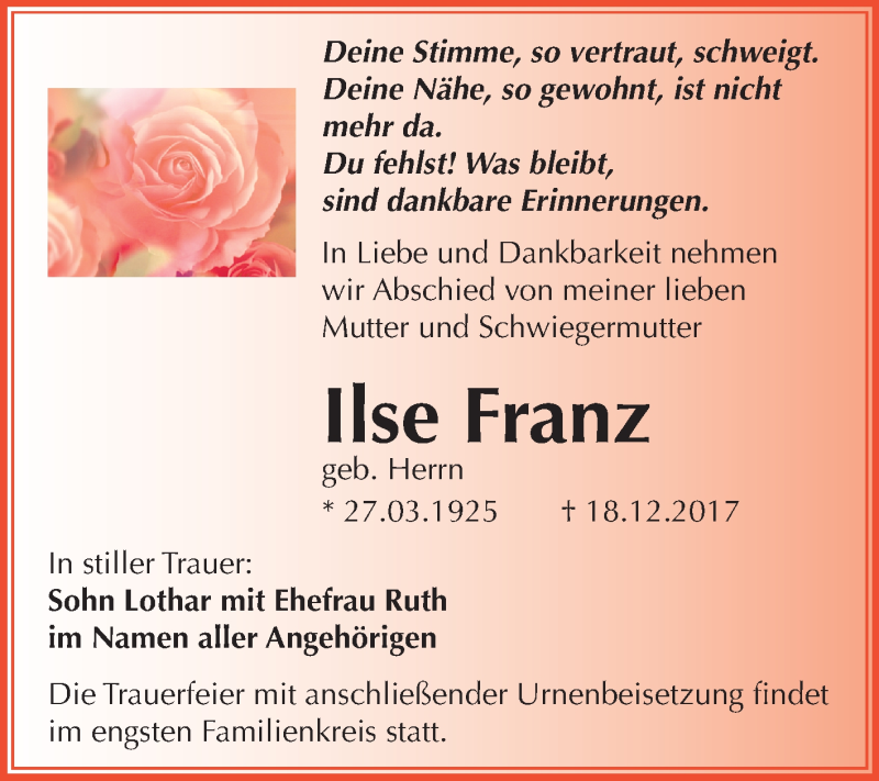  Traueranzeige für Ilse Franz vom 03.01.2018 aus Mitteldeutsche Zeitung Merseburg/Querfurt