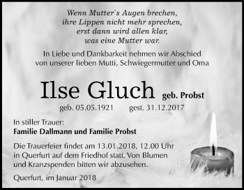 Traueranzeige von Ilse Gluch von Mitteldeutsche Zeitung Merseburg/Querfurt