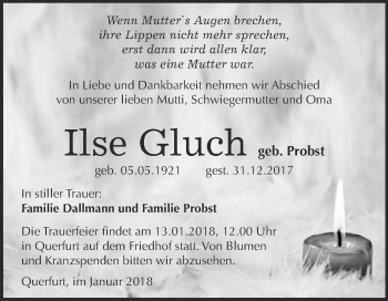 Traueranzeige von Ilse Gluch von WVG - Wochenspiegel Merseburg