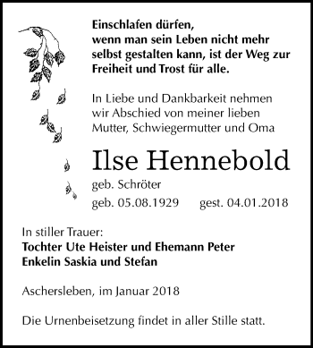 Traueranzeige von Ilse Hennebold von Mitteldeutsche Zeitung Aschersleben