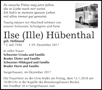 Traueranzeige von Ilse Hübenthal von Super Sonntag SGH Mansf. Land