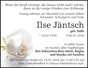Traueranzeige von Ilse Jäntsch von Mitteldeutsche Zeitung
