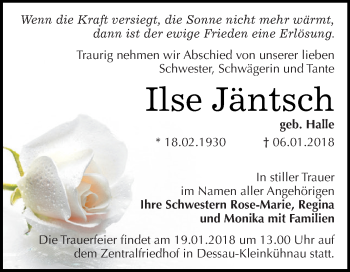 Traueranzeige von Ilse Jäntsch von WVG - Wochenspiegel Dessau / Köthen