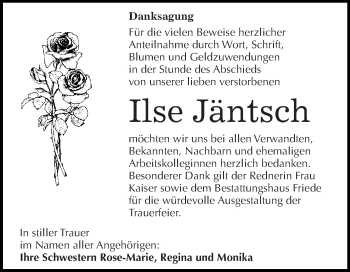 Traueranzeige von Ilse Jäntsch von WVG - Wochenspiegel Dessau / Köthen