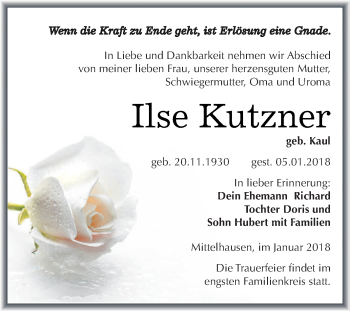 Traueranzeige von Ilse Kutzner von Super Sonntag SGH Mansf. Land