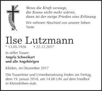 Traueranzeige von Ilse Lutzmann von WVG - Wochenspiegel Wittenberg