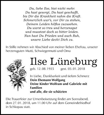 Traueranzeige von Ilse Lüneburg von WVG - Wochenspiegel Merseburg