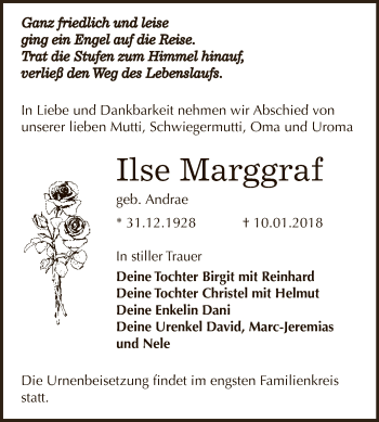 Traueranzeige von Ilse Marggraf von WVG - Wochenspiegel NMB / WSF / ZTZ