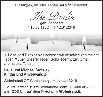 Traueranzeige von Ilse Paulin von Super Sonntag Aschersleben