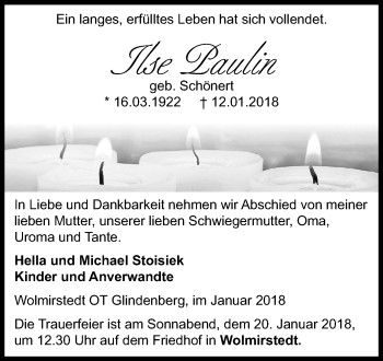 Traueranzeige von Ilse Paulin von Mitteldeutsche Zeitung Aschersleben