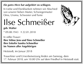 Traueranzeige von Ilse Schmeißer von Mitteldeutsche Zeitung