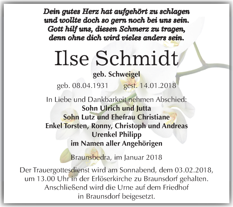  Traueranzeige für Ilse Schmidt vom 20.01.2018 aus Mitteldeutsche Zeitung Weißenfels