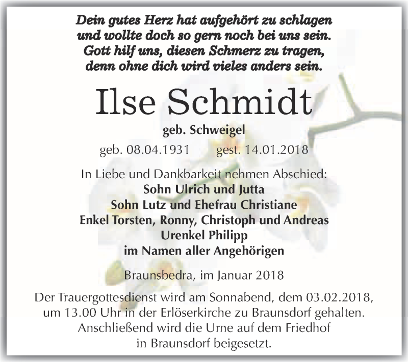  Traueranzeige für Ilse Schmidt vom 20.01.2018 aus WVG - Wochenspiegel Merseburg