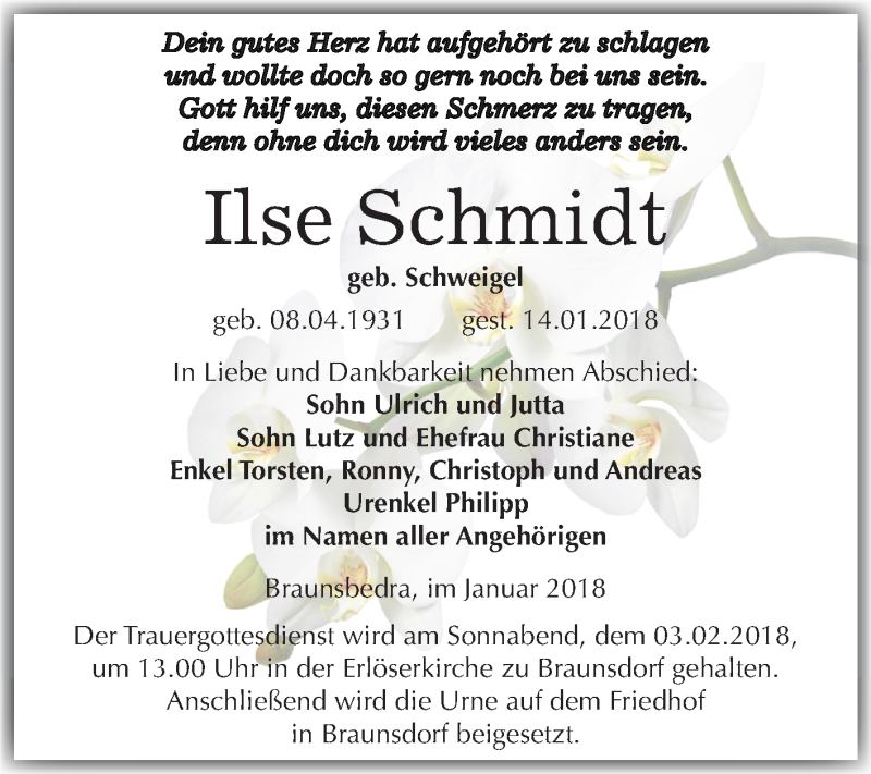  Traueranzeige für Ilse Schmidt vom 20.01.2018 aus WVG - Wochenspiegel Merseburg