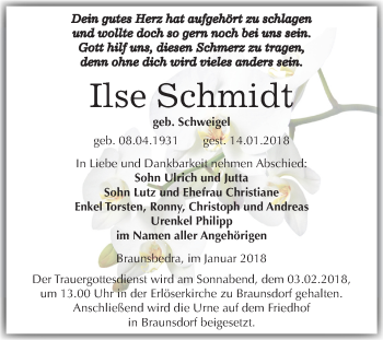 Traueranzeige von Ilse Schmidt von Mitteldeutsche Zeitung Weißenfels