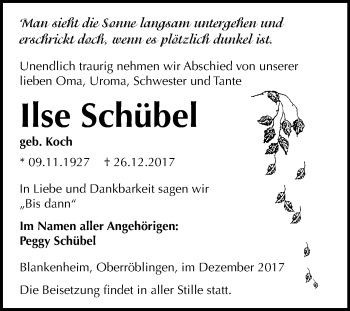 Traueranzeige von Ilse Schübel von Mitteldeutsche Zeitung Sangerhausen