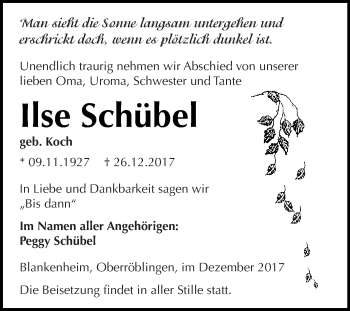 Traueranzeige von Ilse Schübel von Super Sonntag SGH Mansf. Land