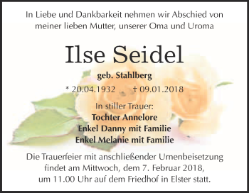 Traueranzeige von Ilse Seidel von WVG - Wochenspiegel Wittenberg