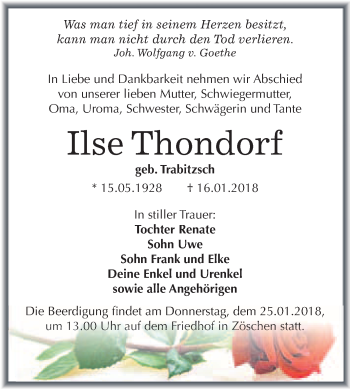 Traueranzeige von Ilse Thondorf von WVG - Wochenspiegel Merseburg