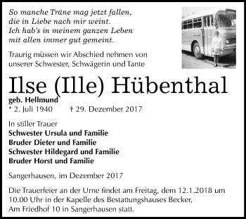 Traueranzeige von Ilse Ille Hübenthal von Mitteldeutsche Zeitung Sangerhausen