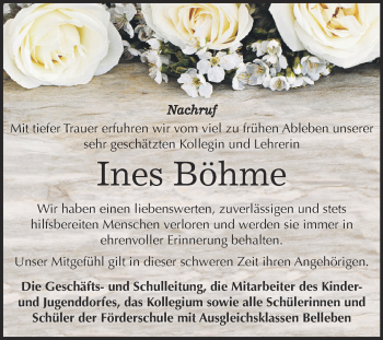 Traueranzeige von Ines Böhme von Super Sonntag SGH Mansf. Land