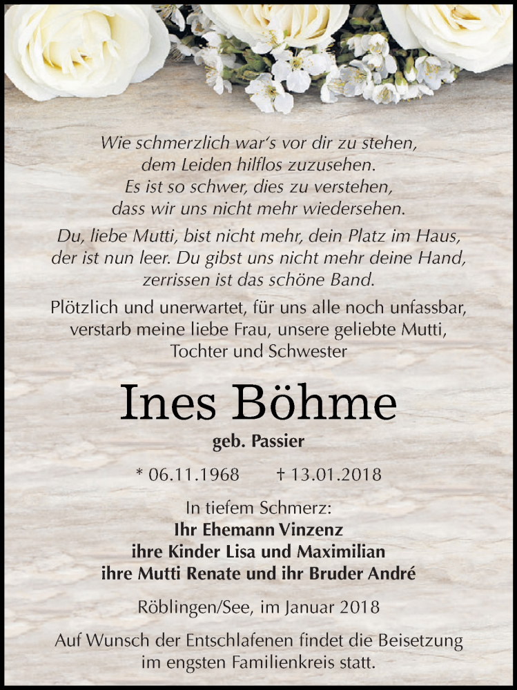  Traueranzeige für Ines Böhme vom 20.01.2018 aus Super Sonntag SGH Mansf. Land