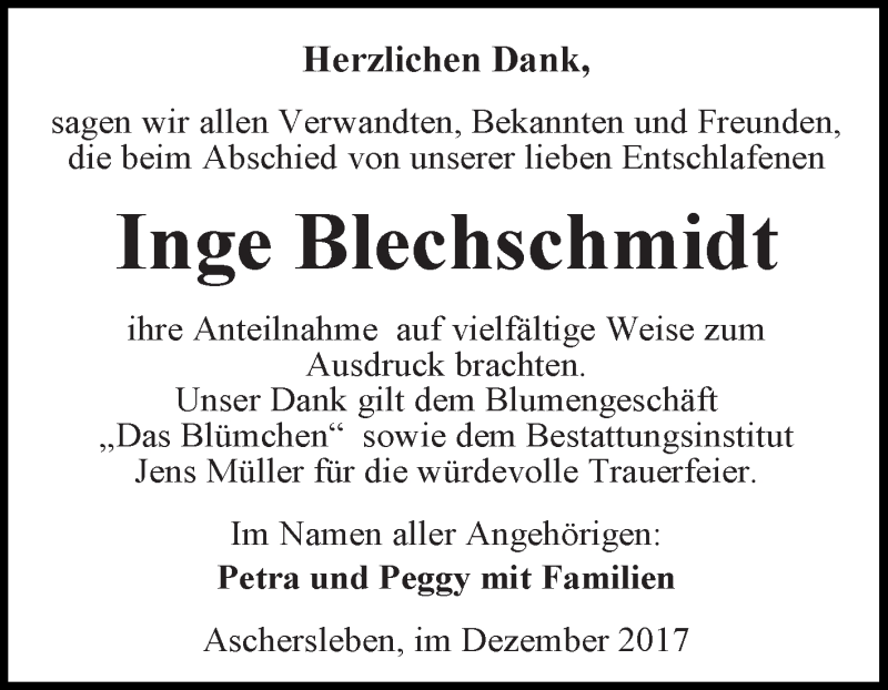  Traueranzeige für Inge Anna Blechschmidt vom 30.12.2017 aus Super Sonntag Aschersleben