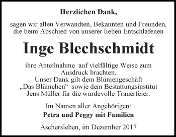 Traueranzeige von Inge Anna Blechschmidt von Super Sonntag Aschersleben