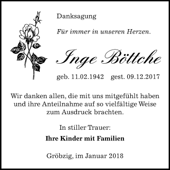 Traueranzeige von Inge Böttche von Mitteldeutsche Zeitung Köthen