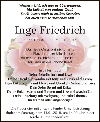 Traueranzeige von Inge Friedrich von WVG - Wochenspiegel NMB / WSF / ZTZ