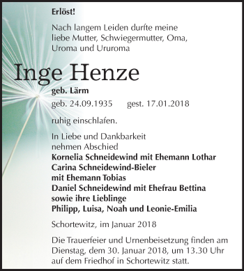 Traueranzeige von Inge Henze von Mitteldeutsche Zeitung Köthen