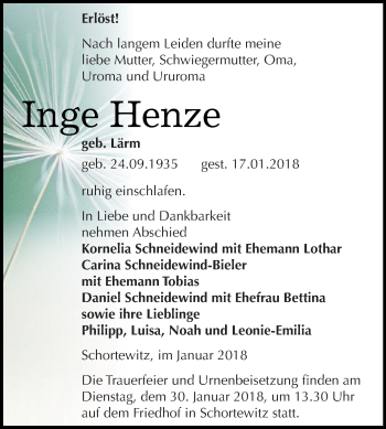 Traueranzeige von Inge Henze von WVG - Wochenspiegel Dessau / Köthen