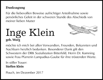 Traueranzeige von Inge Klein von Mitteldeutsche Zeitung Bitterfeld
