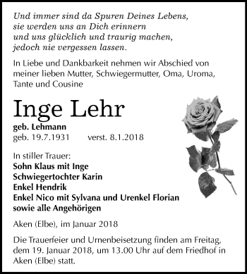 Traueranzeige von Inge Lehr von Mitteldeutsche Zeitung Köthen