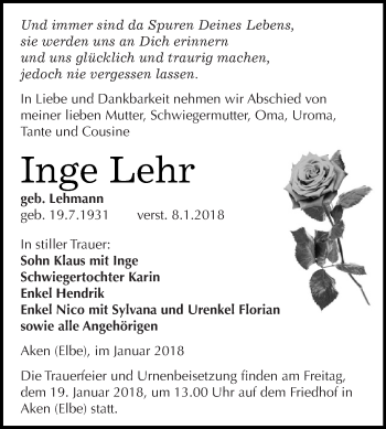 Traueranzeige von Inge Lehr von WVG - Wochenspiegel Dessau / Köthen