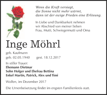 Traueranzeige von Inge Möhrl von WVG - Wochenspiegel Bitterfeld